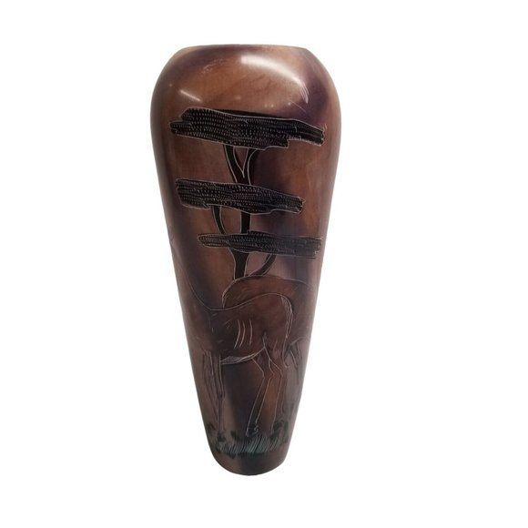 Stone Vase Hand Carved African Alabaster SIGNED Etched Scenes Gazelle Animal VTG - Picture 1 of 16